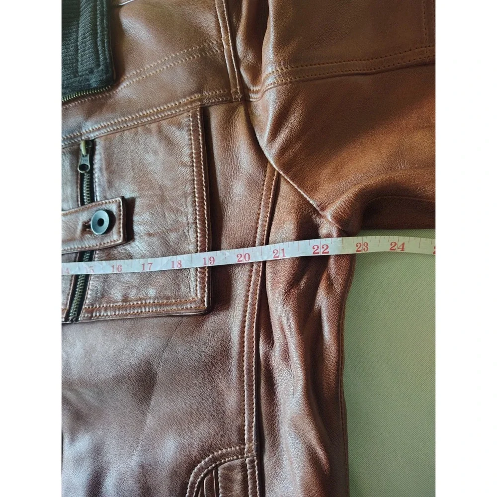 Men's Cognac Brown Real Leather Moto Biker Bomber Jacket Ribbed Collar Size L